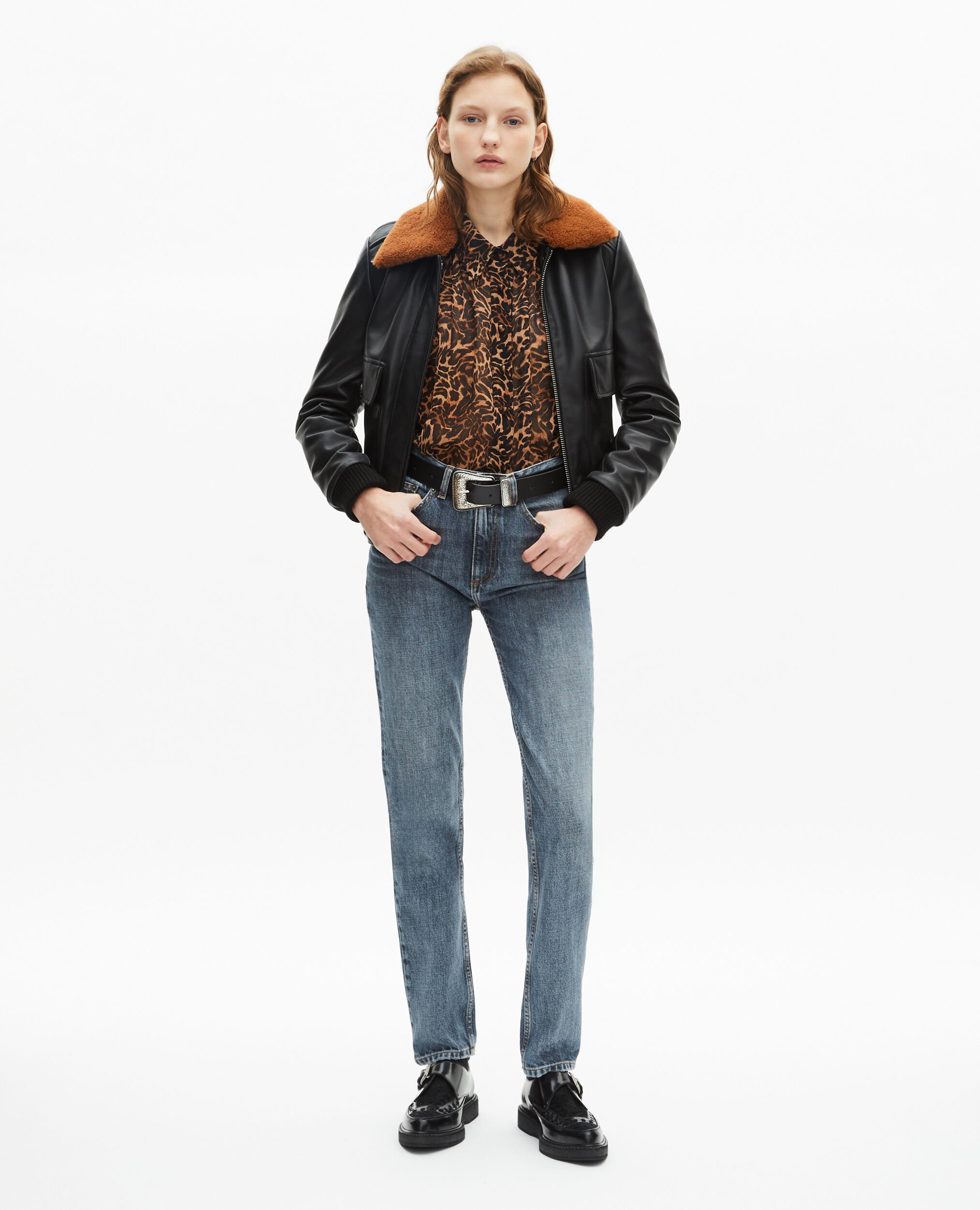 Lederjacke mit Sherpa-Kragen schwarz, BLACK, hi-res image number null