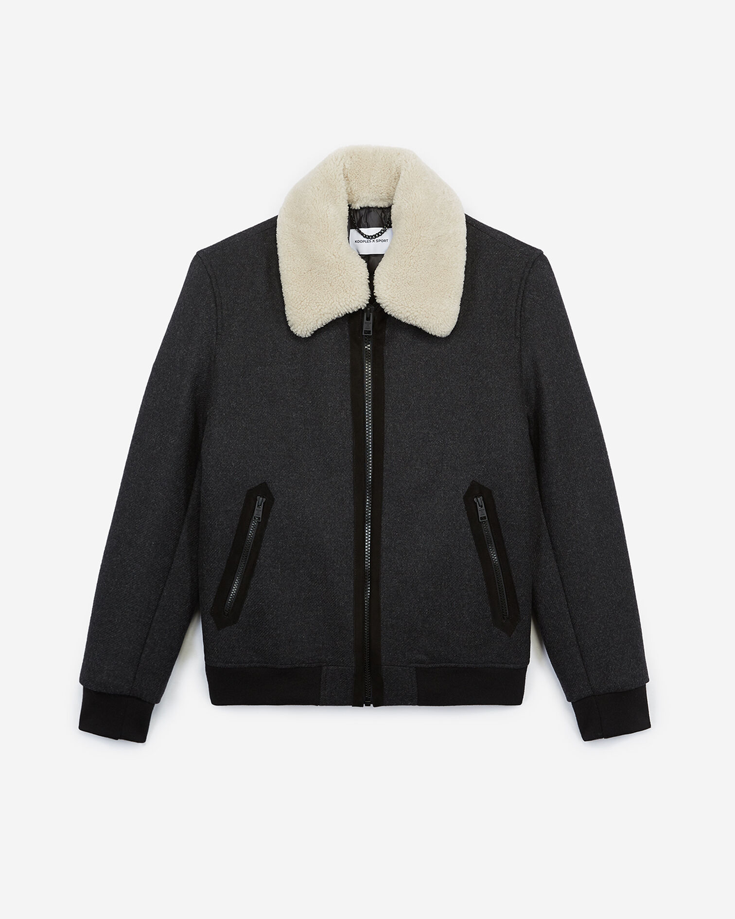 Zipped gray wool jacket with leather collar, ANTHRACITE, hi-res image number null