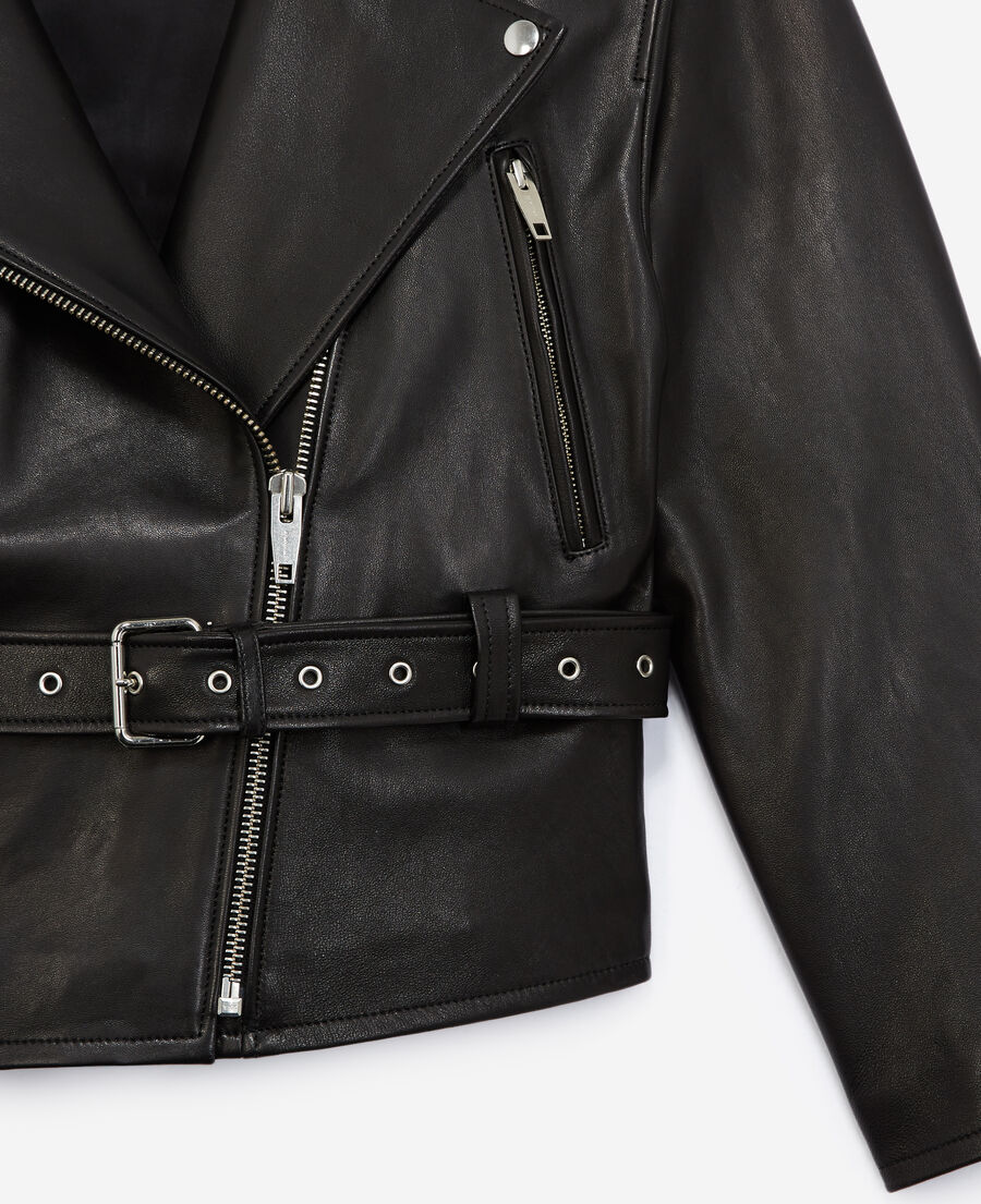 belted biker-style black leather jacket