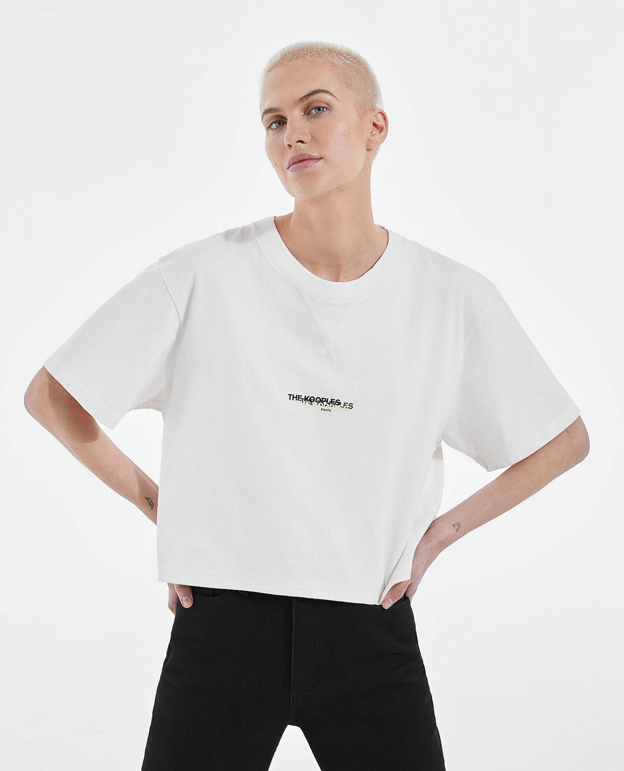 T-shirt écru coton triple logo imprimé, WHITE, hi-res image number null