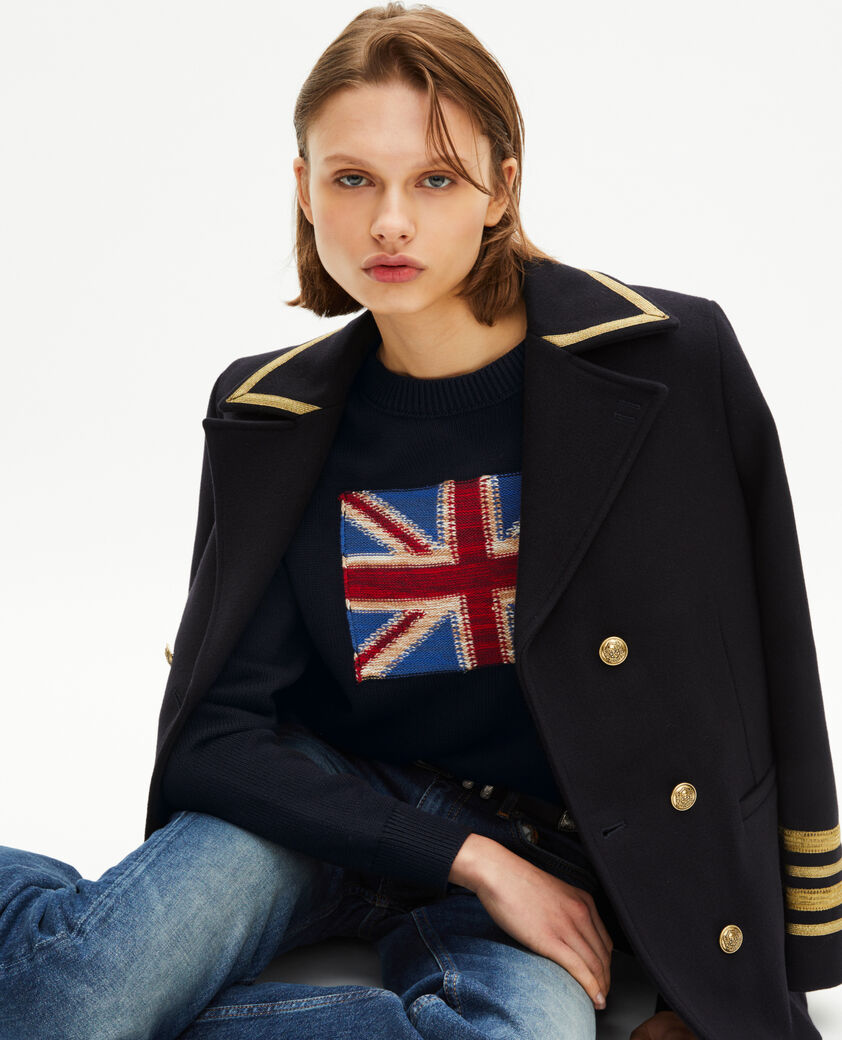 The Kooples DAMEN NAVY pullover mit englischer flagge aus marinefarbener baumwolle
