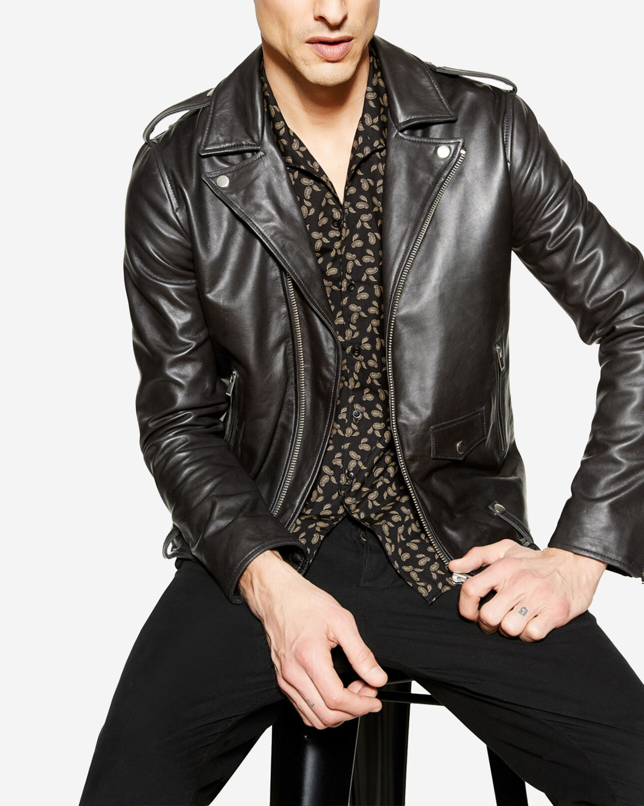 The Kooples MEN BLACK zipped black leather biker jacket