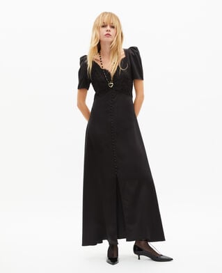 The Kooples DAMEN BLACK langes kleid aus seide mit schwarzer spitze