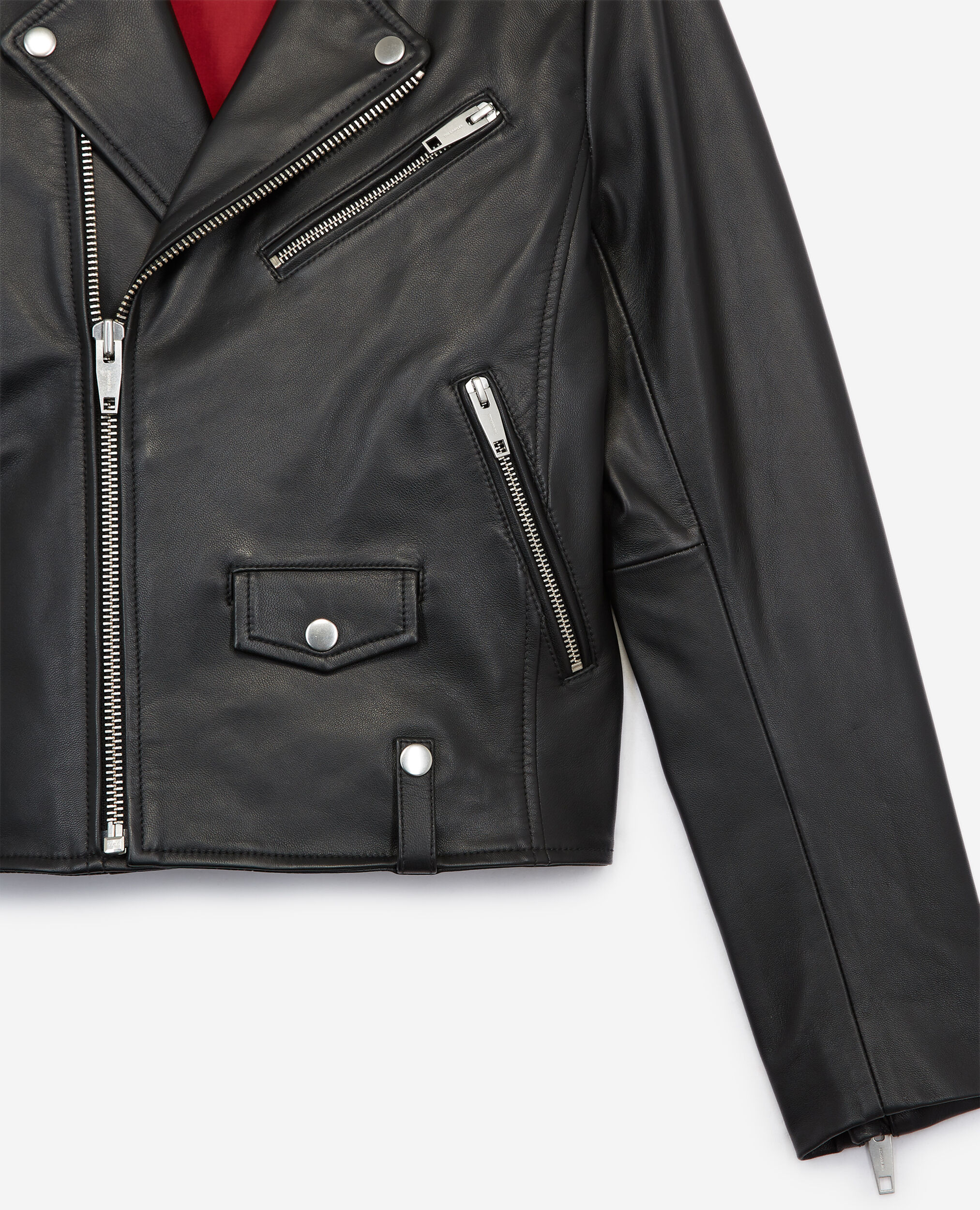 Black leather biker jacket with zippers, BLACK, hi-res image number null