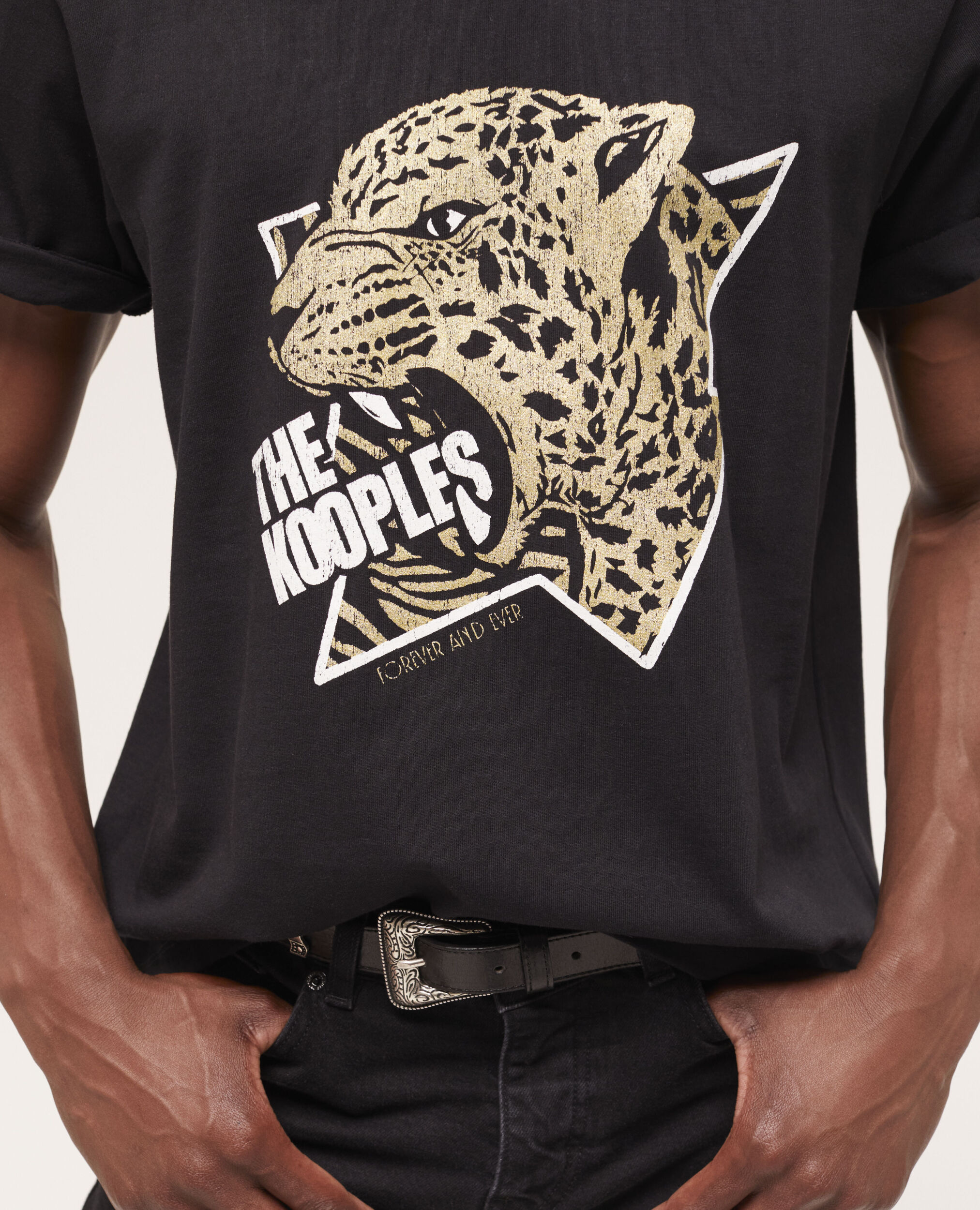 Schwarzes T-Shirt Herren mit Siebdruck, BLACK-ANTIC GOLD, hi-res image number null