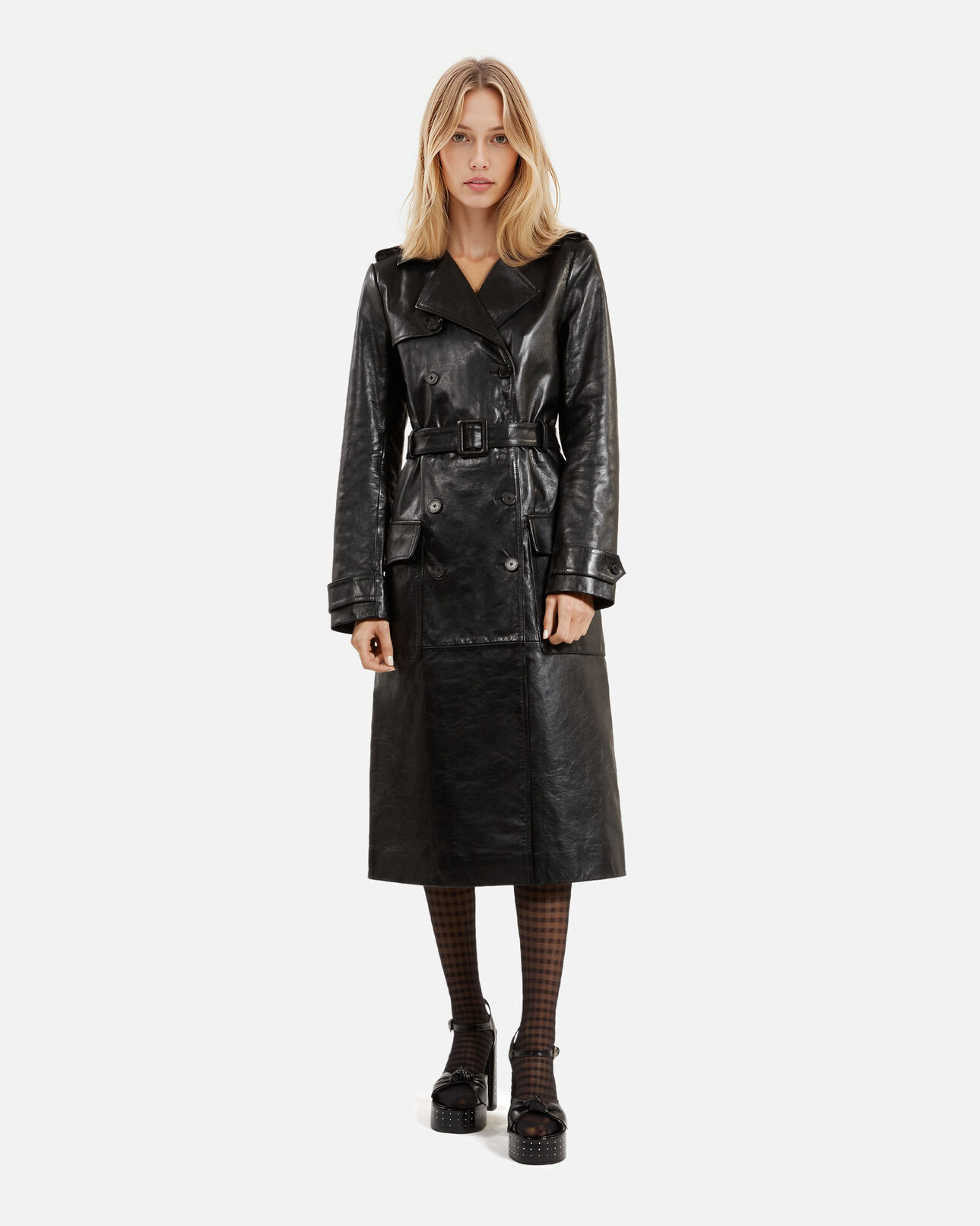 The Kooples FEMME BLACK trench long en cuir noir