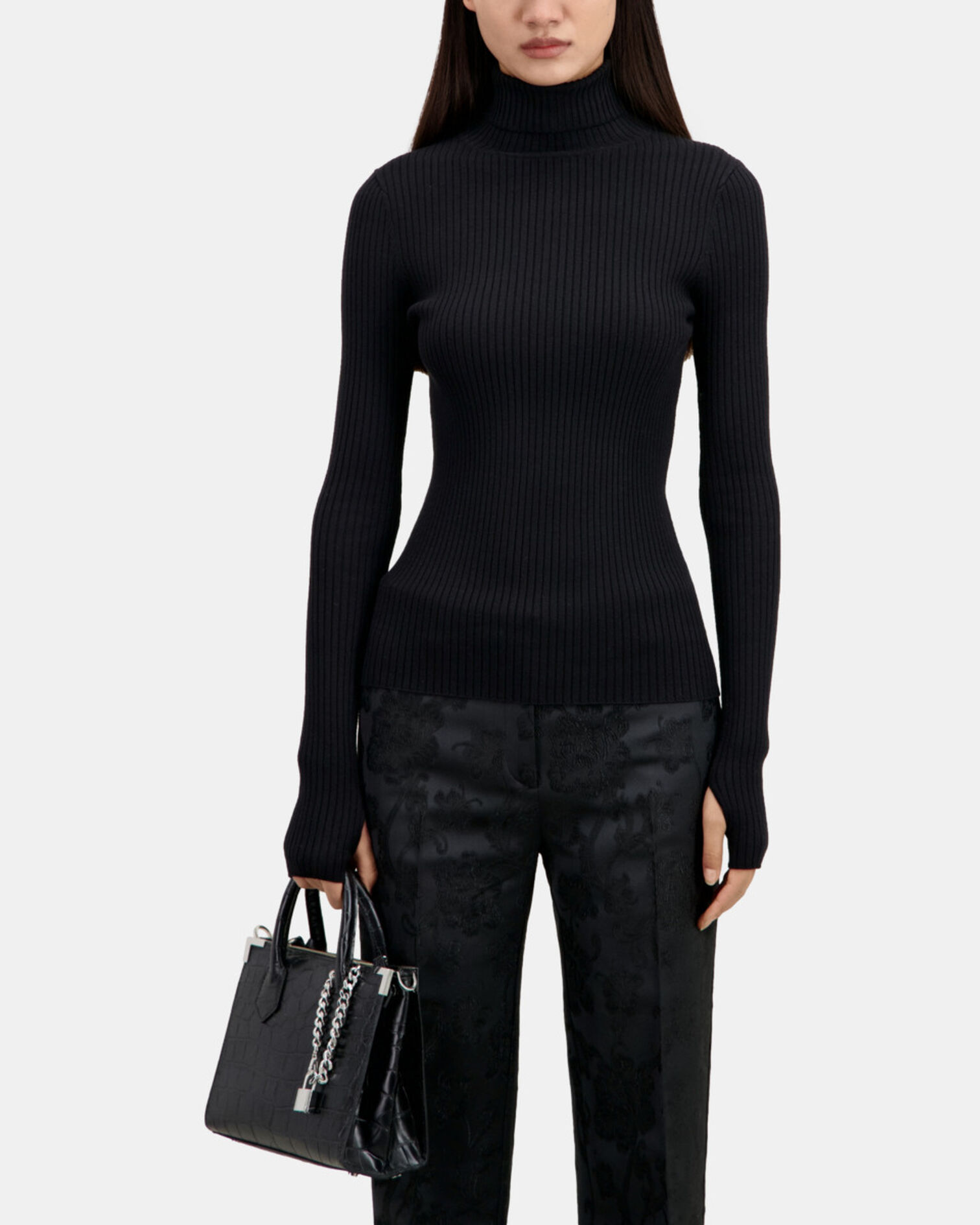 Black ribbed fine knit sweater, BLACK, hi-res image number null