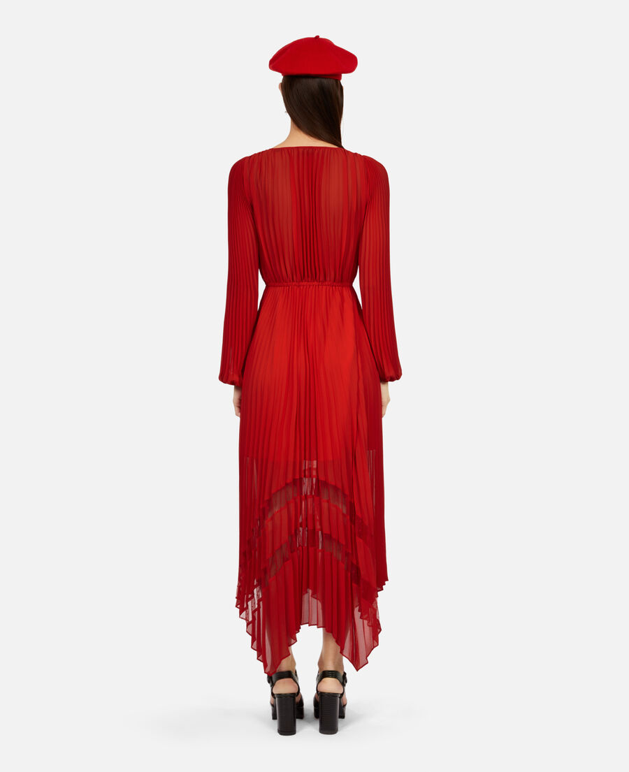 red pleated long dress