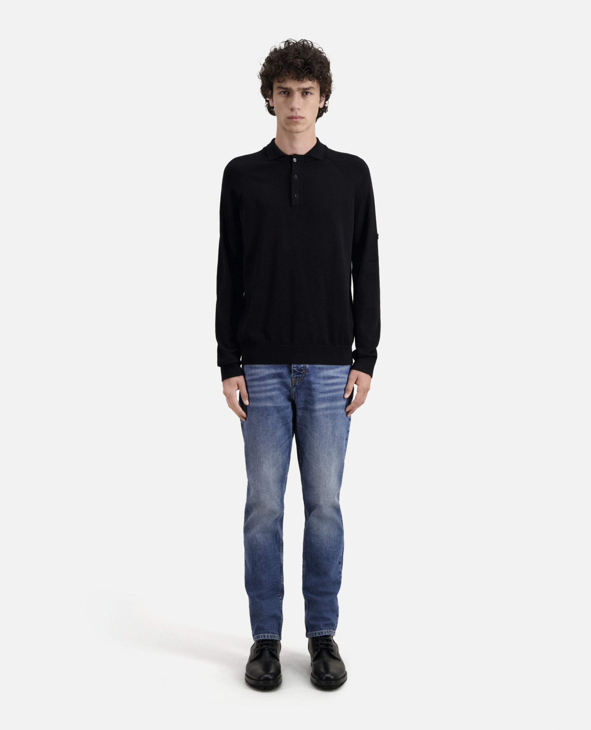 Black knit polo t-shirt, BLACK, hi-res image number null