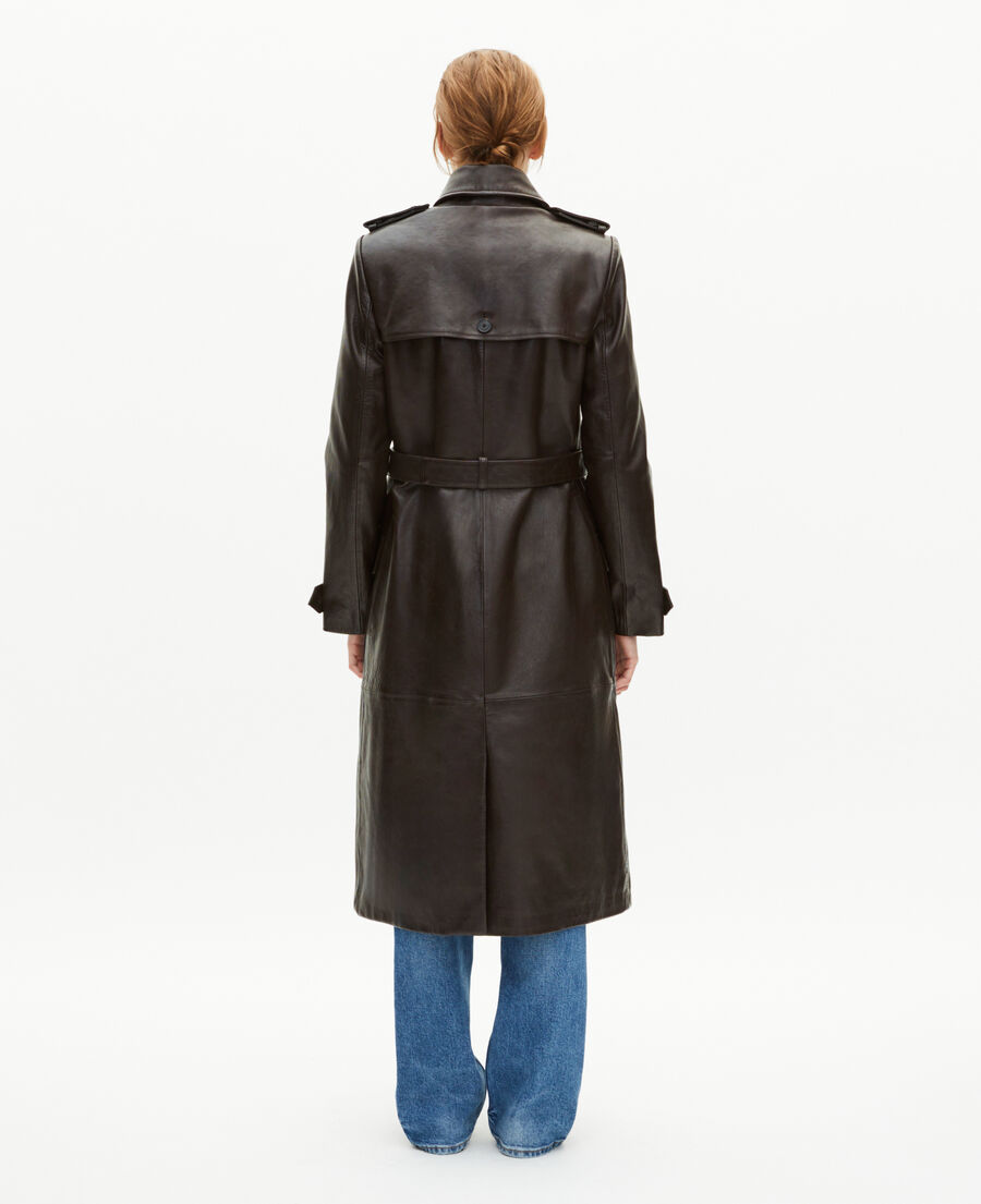 The Kooples MUJER DARK BROWN MELANGE gabardina larga de cuero marrón