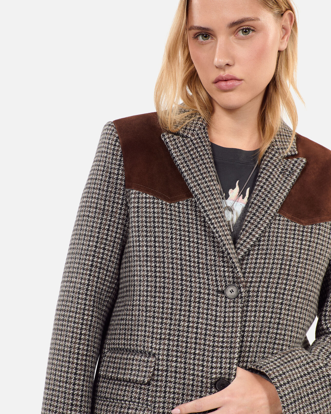 The Kooples WOMEN BLACK WHITE long black and white houndstooth coat