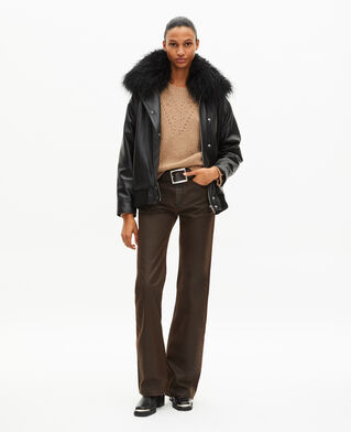 The Kooples F BLACK leather jacket with removable fur collar, black