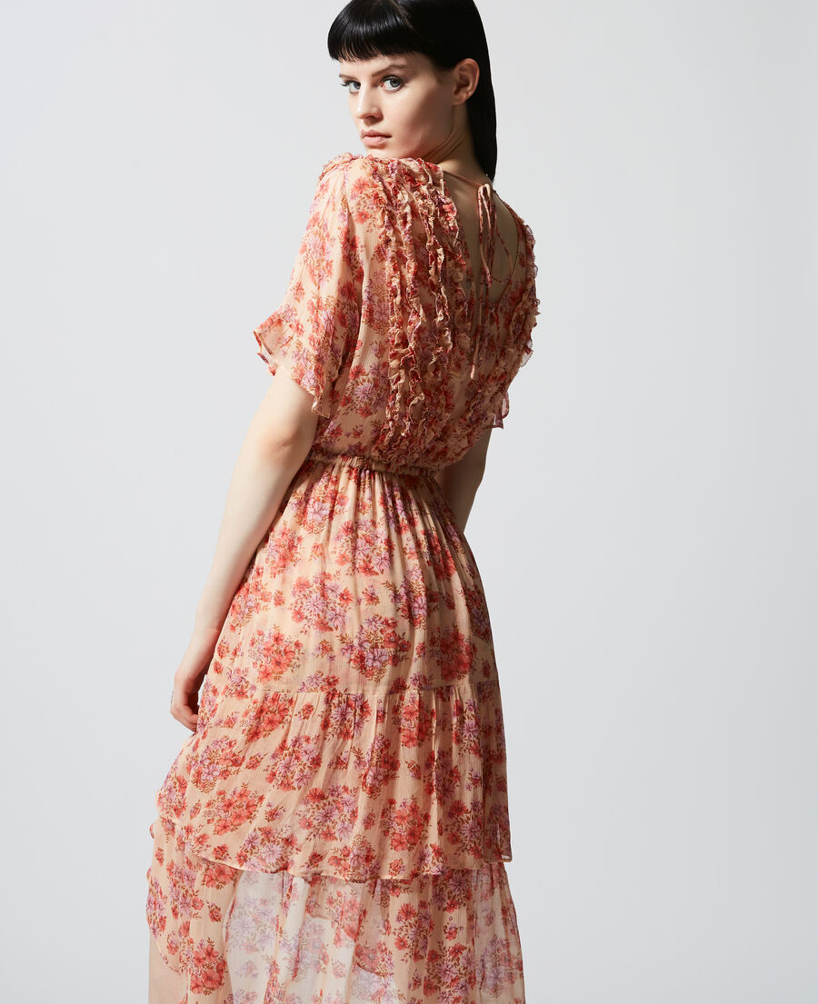 Pink long printed dress with frills | The Kooples