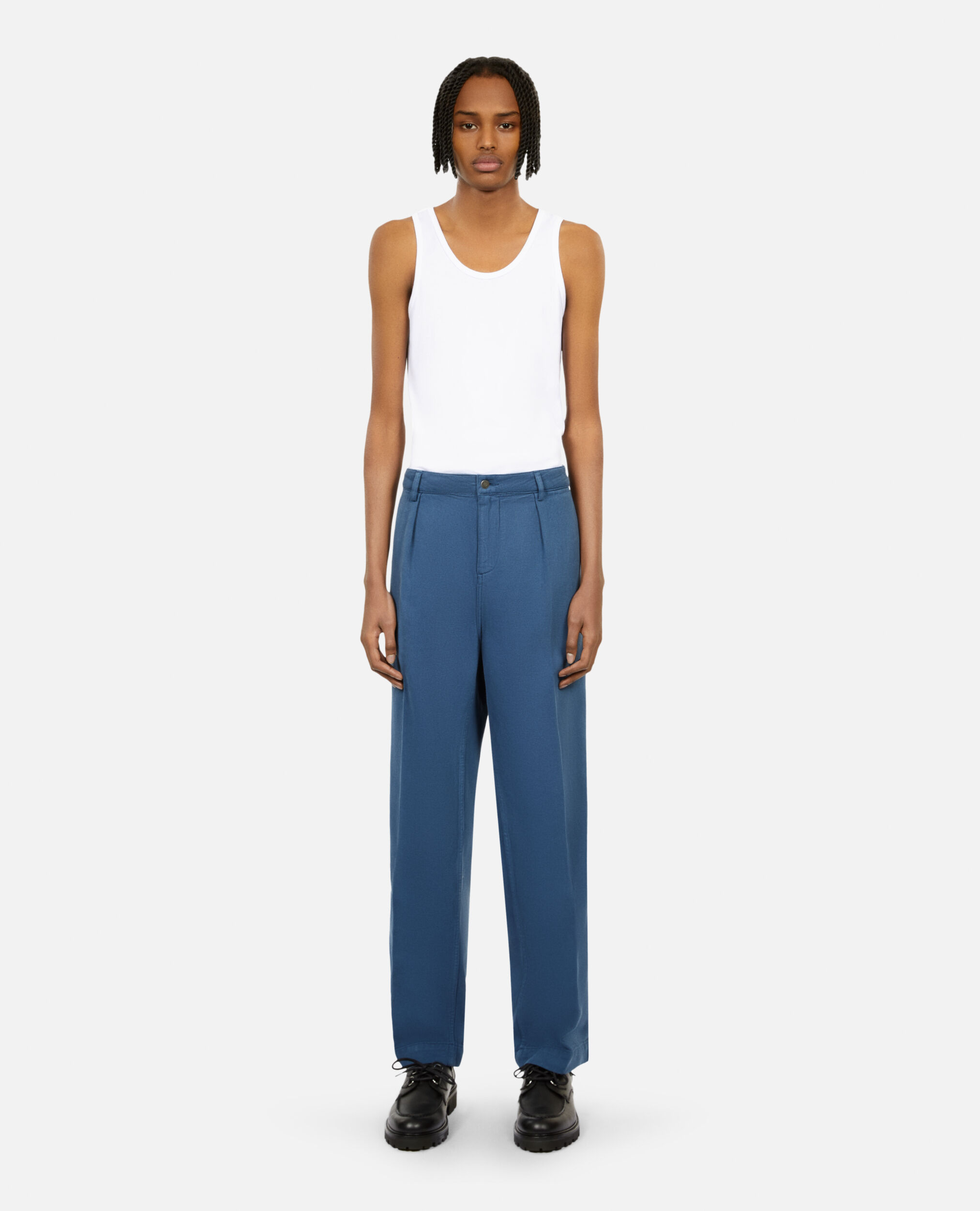 Pantalon bleu marine en coton et lin avec pinces, MIDDLE NAVY, hi-res image number null