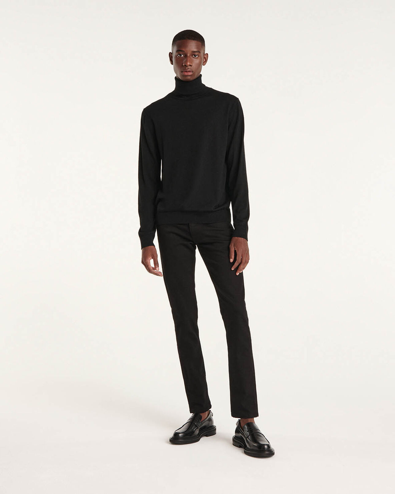The Kooples HOMME BLACK pull col roulé laine noir slim cuir