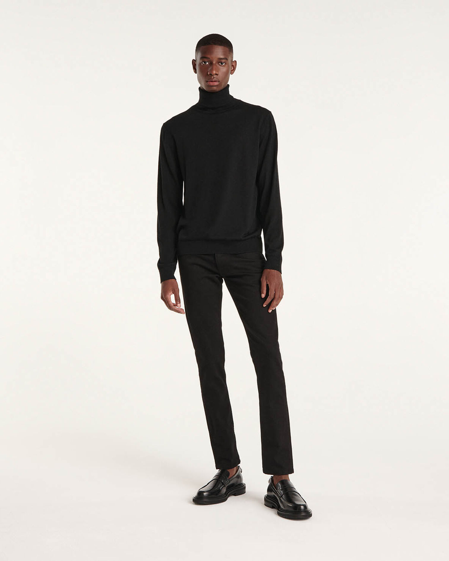 Pull col roulé laine noir slim cuir, BLACK, hi-res image number null