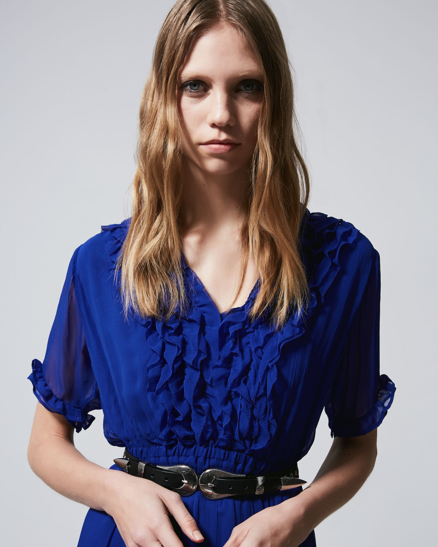 Blue long flowing dress with V-neck - frills, BLUE, hi-res image number null