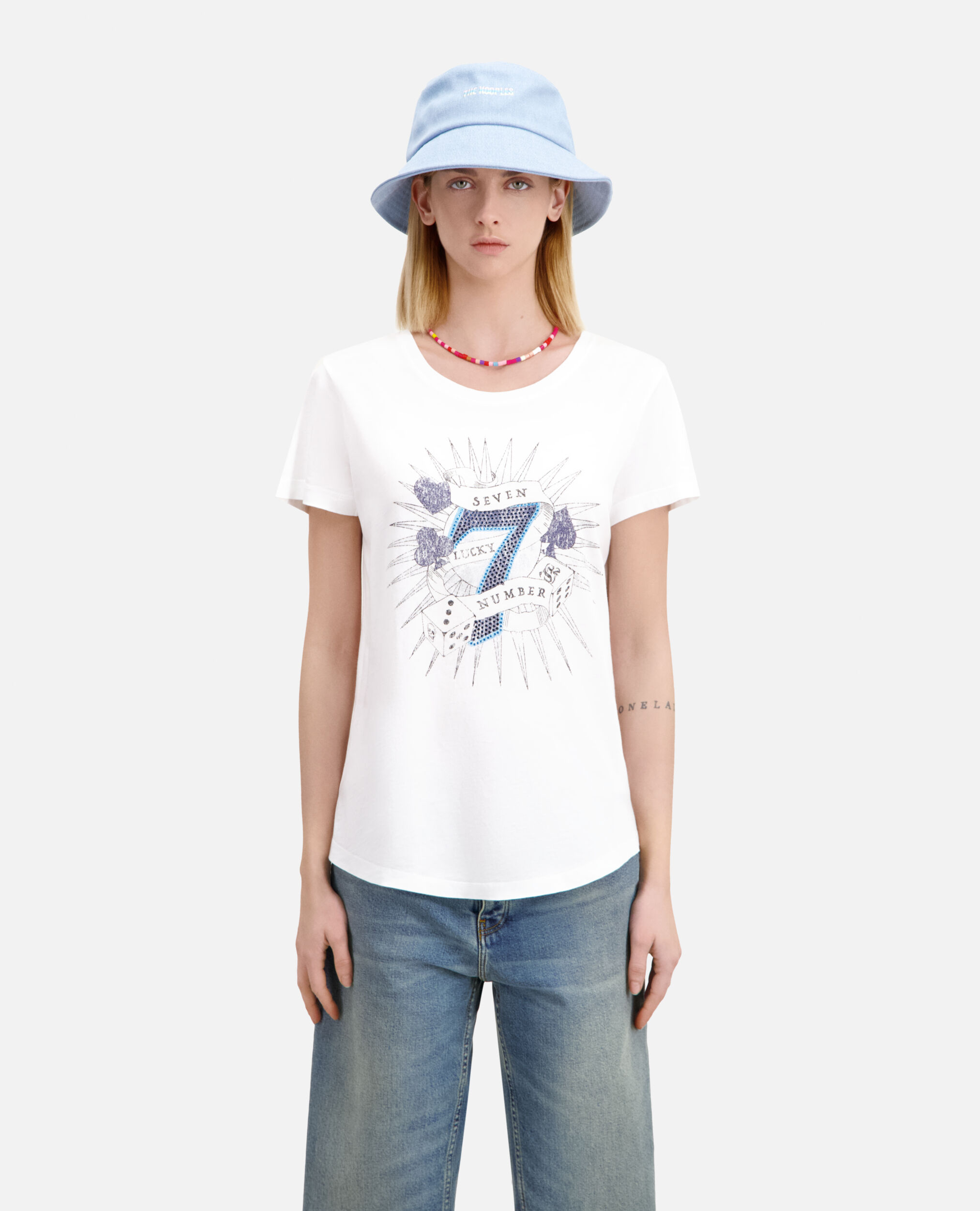 White t-shirt with Lucky number serigraphy, WHITE, hi-res image number null