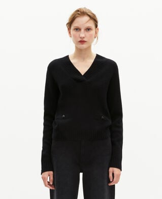 The Kooples DAMEN BLACK pullover mit v-ausschnitt aus merinowolle schwarz