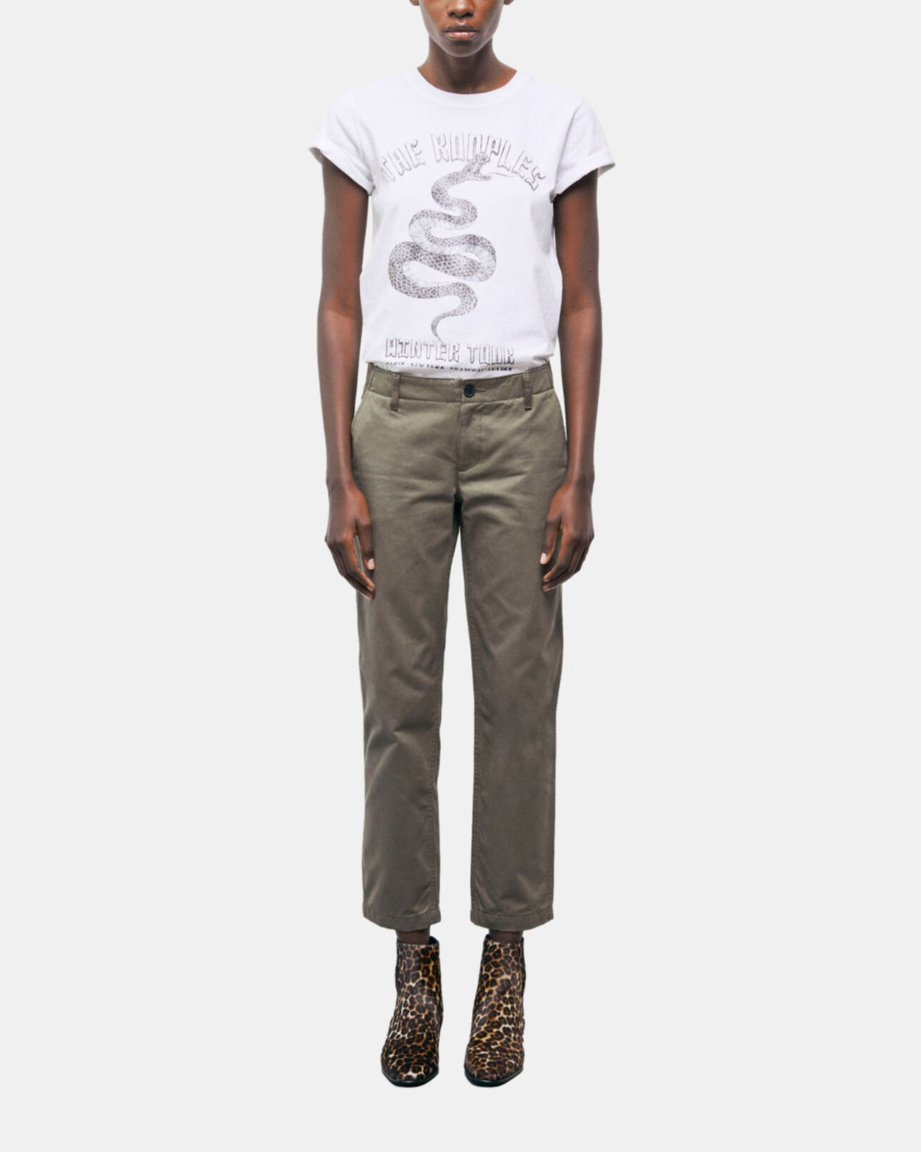 The Kooples FEMME OLIVE NIGHT pantalon droit patchwork kaki