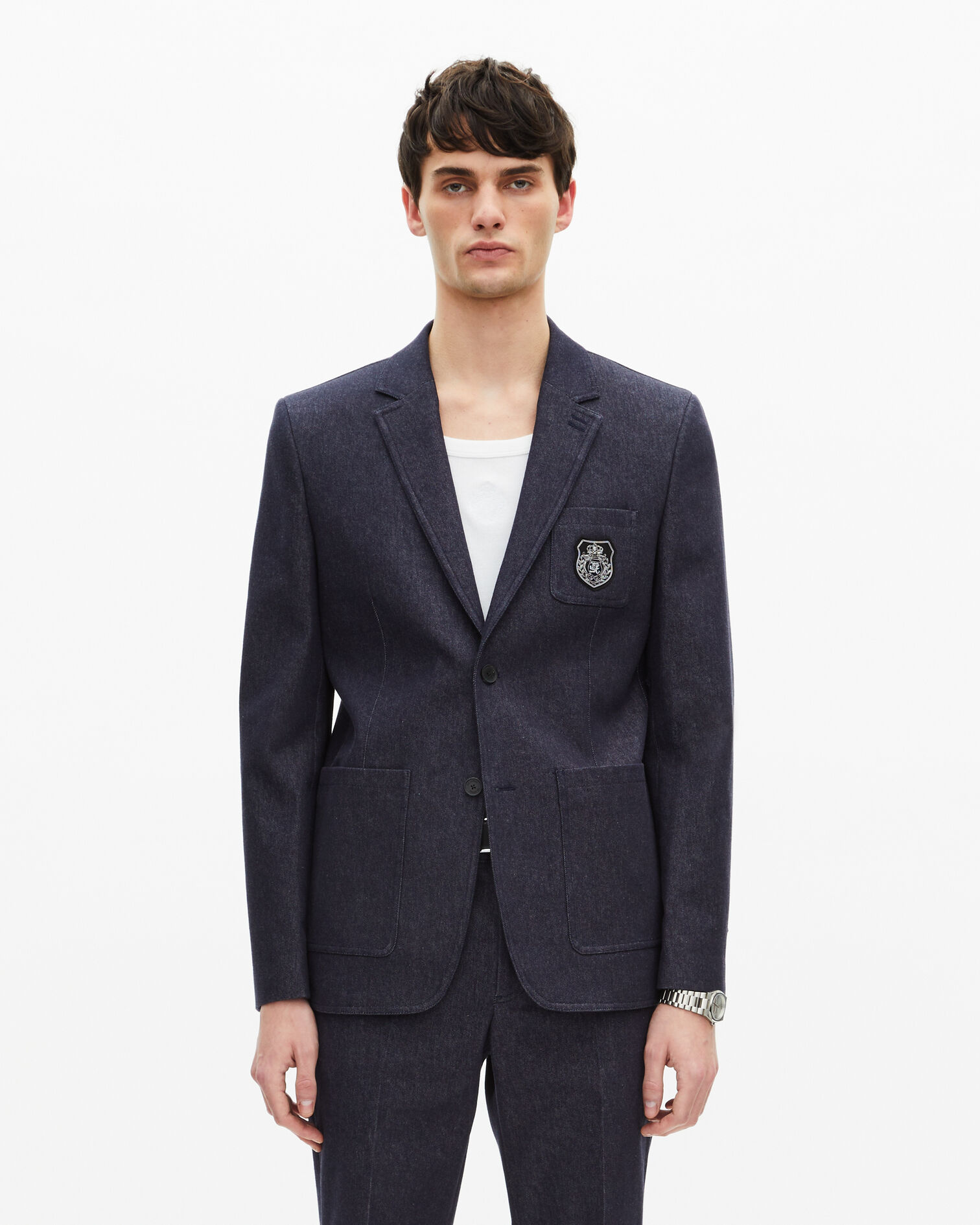 Chaqueta de traje azul efecto vaquero, NAVY, hi-res image number null