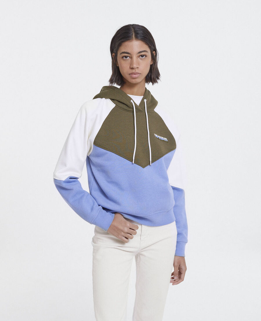 hooded blue and khaki sweatshirt with logo on chest