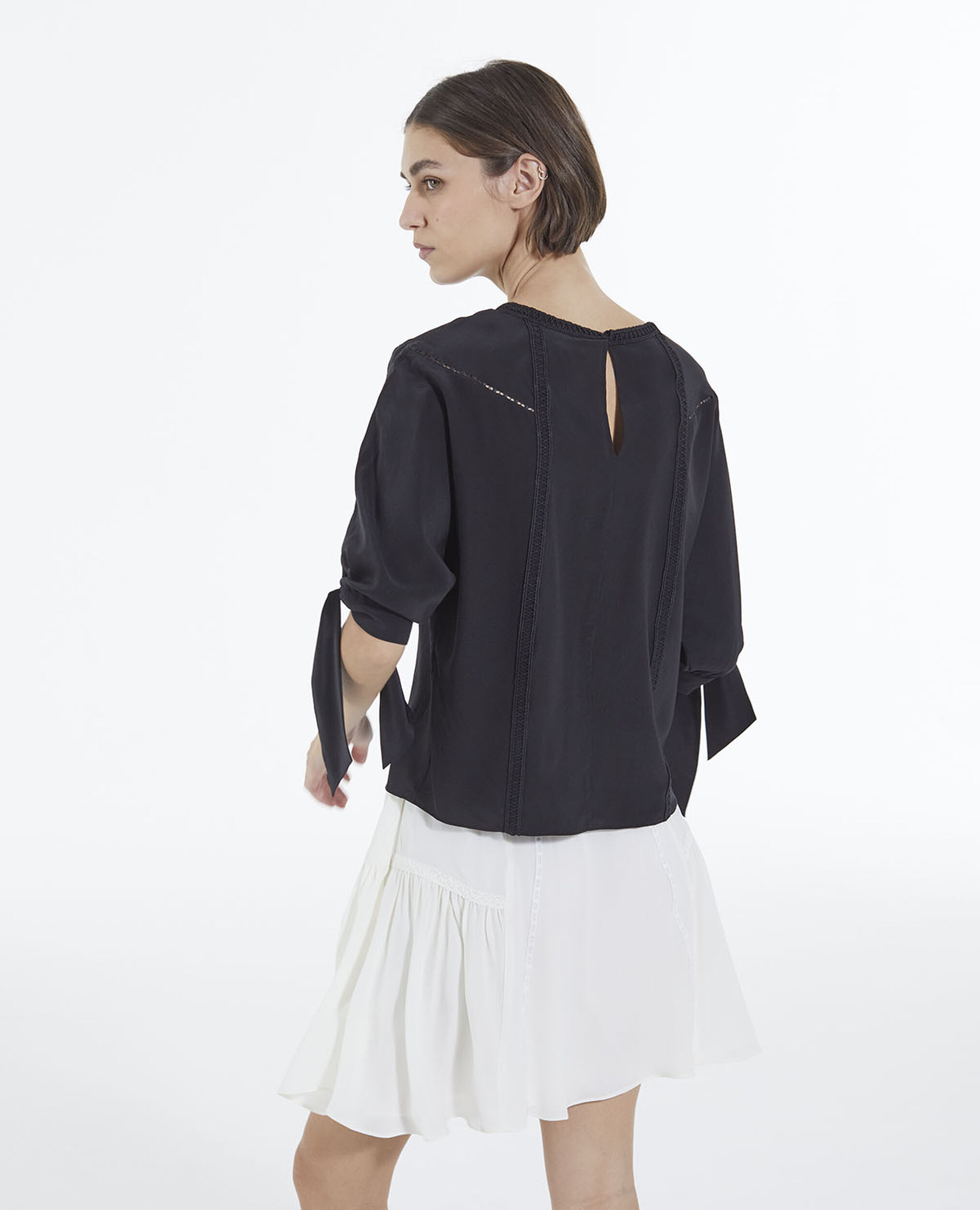 Black silk top with three-quarter length sleeves, BLACK, hi-res image number null
