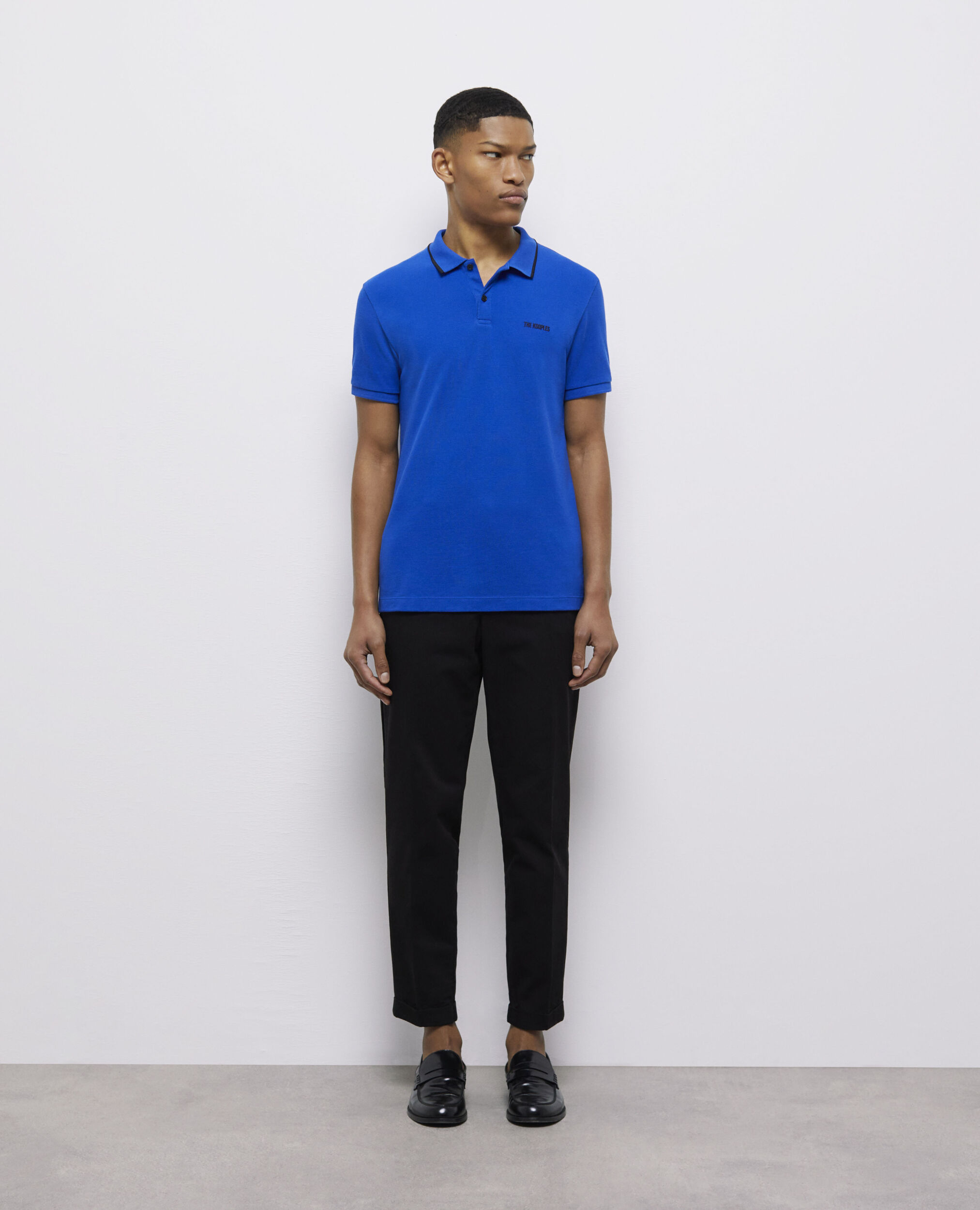 Black pants shop blue polo
