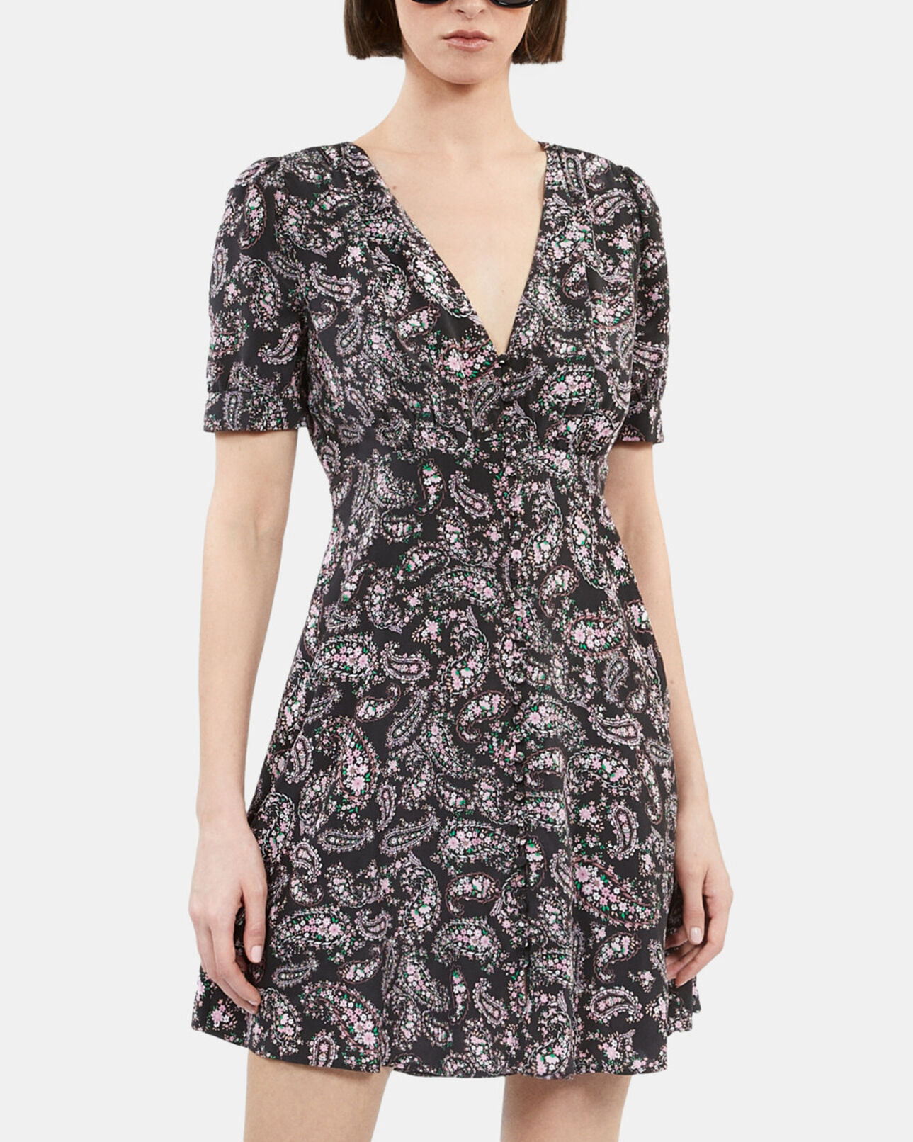 The Kooples WOMEN BLACK / PINK black and pink paisley print short dress with buttons