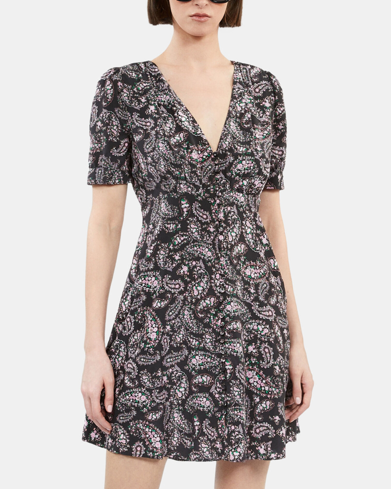Black and pink paisley print short dress with buttons, BLACK / PINK, hi-res image number null