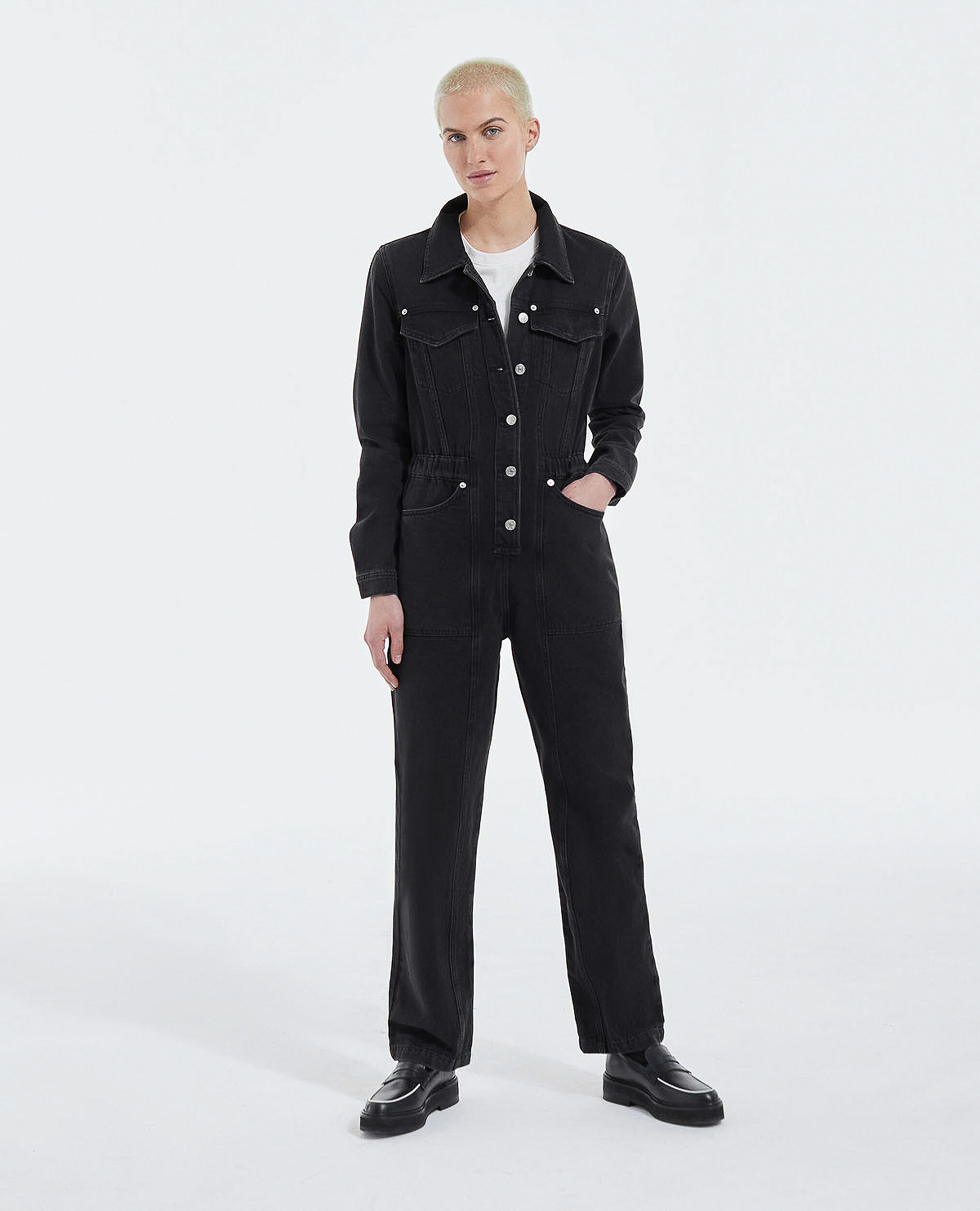 Faded black denim buttoned jumpsuit, BLACK WASHED, hi-res image number null