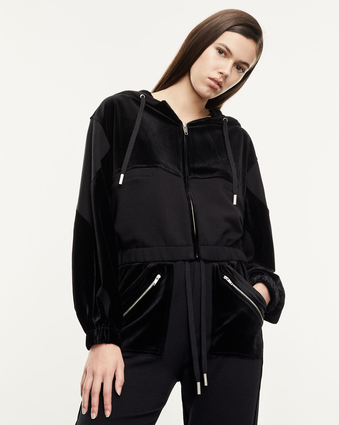 The Kooples WOMEN BLACK zipped dual-fabric black sweatshirt