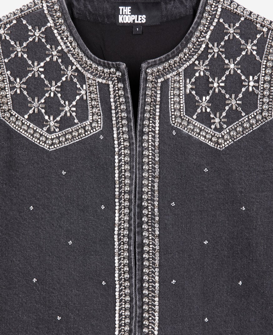 The Kooples WOMEN BLACK WASHED grey denim jacket with studs and pearls