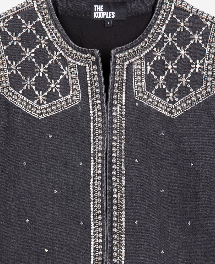 The Kooples DAMEN BLACK WASHED graue jeansjacke mit nieten und perlen