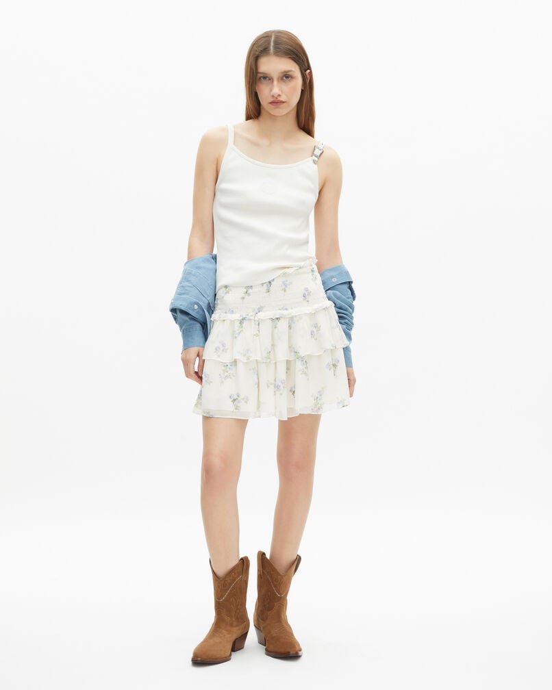 The Kooples FEMME WHITE / SKY BLUE jupe courte à volants imprimé fleuri blanc