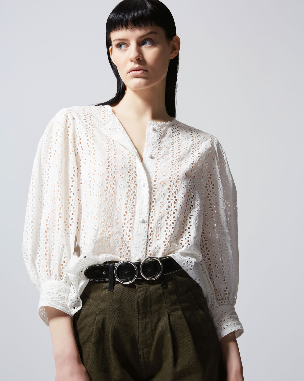 The Kooples FEMME ECRU chemise dentelle écrue sans col fluide