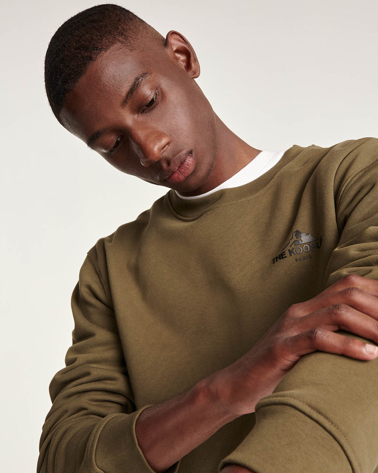 The Kooples MEN OLIVE NIGHT khaki crew neck cotton sweatshirt black logo