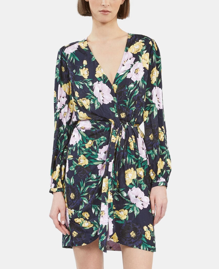 The Kooples FEMME LIGHT PINK / DARK NAVY robe courte fleurie avec drapé