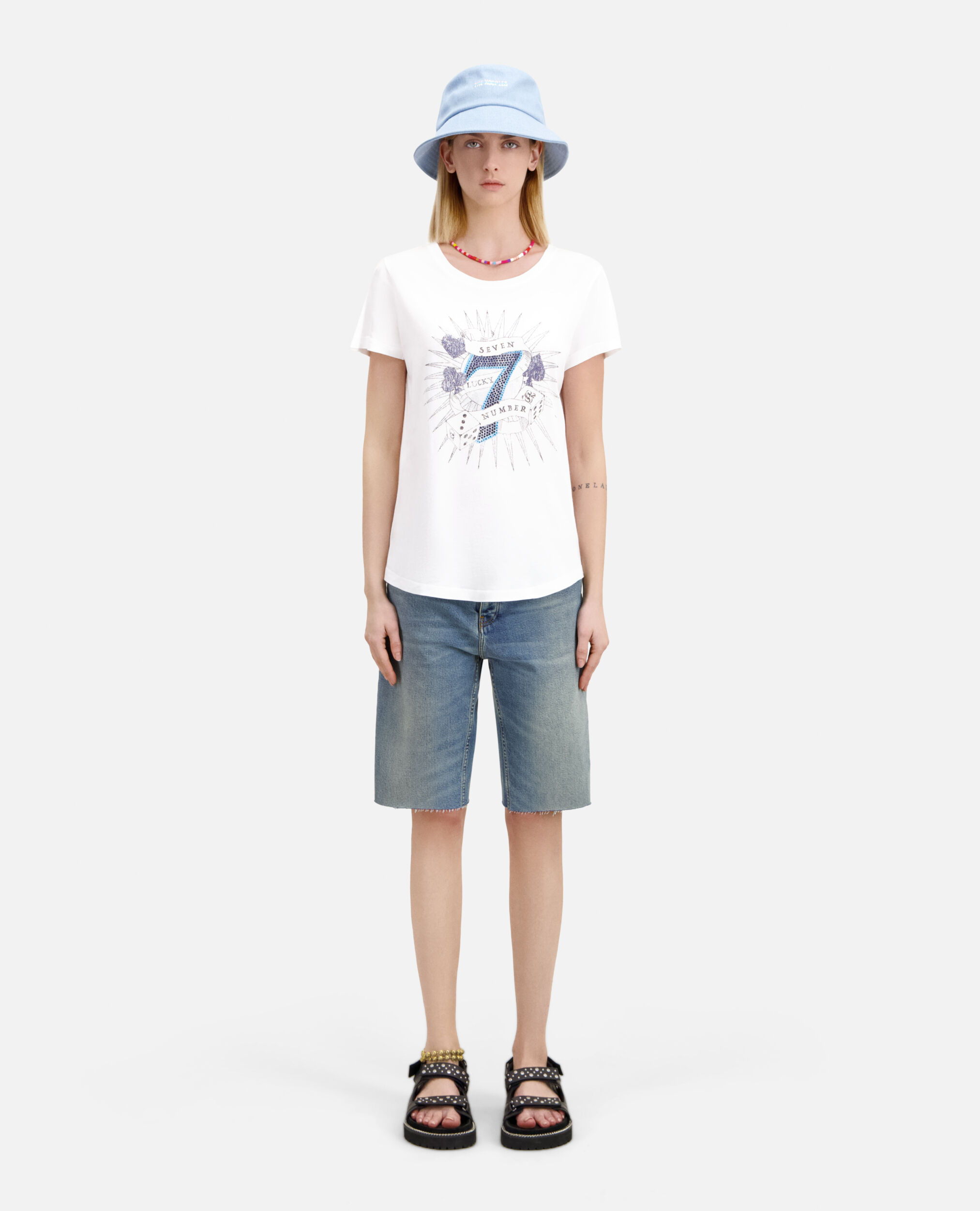 Weißes T-Shirt mit Lucky-Number-Siebdruck, WHITE, hi-res image number null