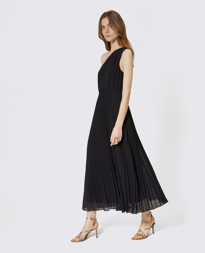 The Kooples FEMME BLACK robe longue asym&eacute;trique pliss&eacute;e noire