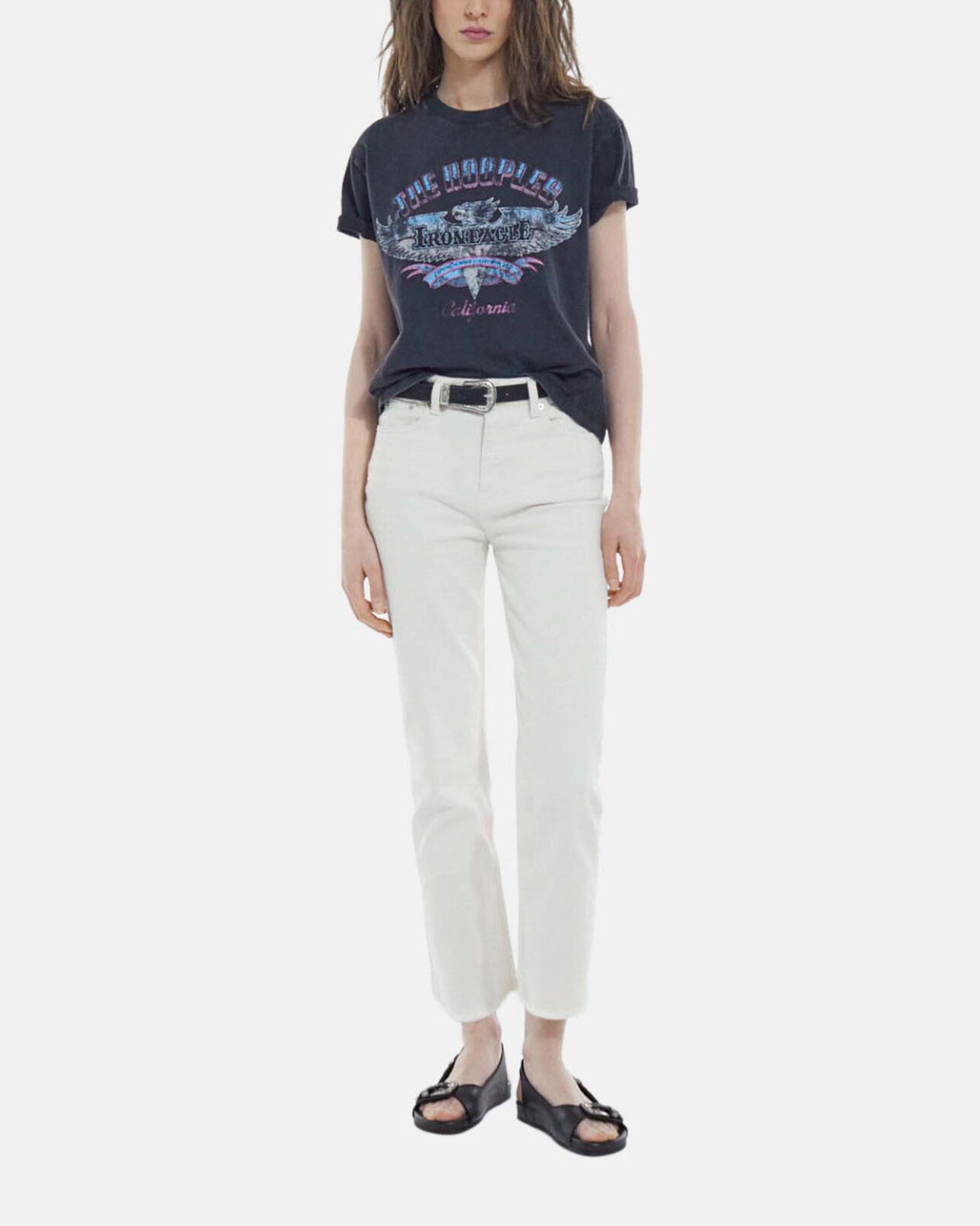 The Kooples FEMME BLACK WASHED t-shirt noir délavé coton imprimé aigle