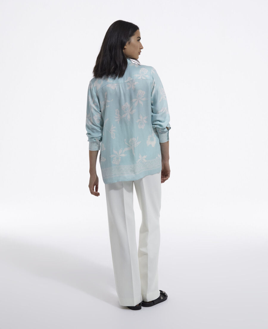 satin blue and white shirt with floral motif