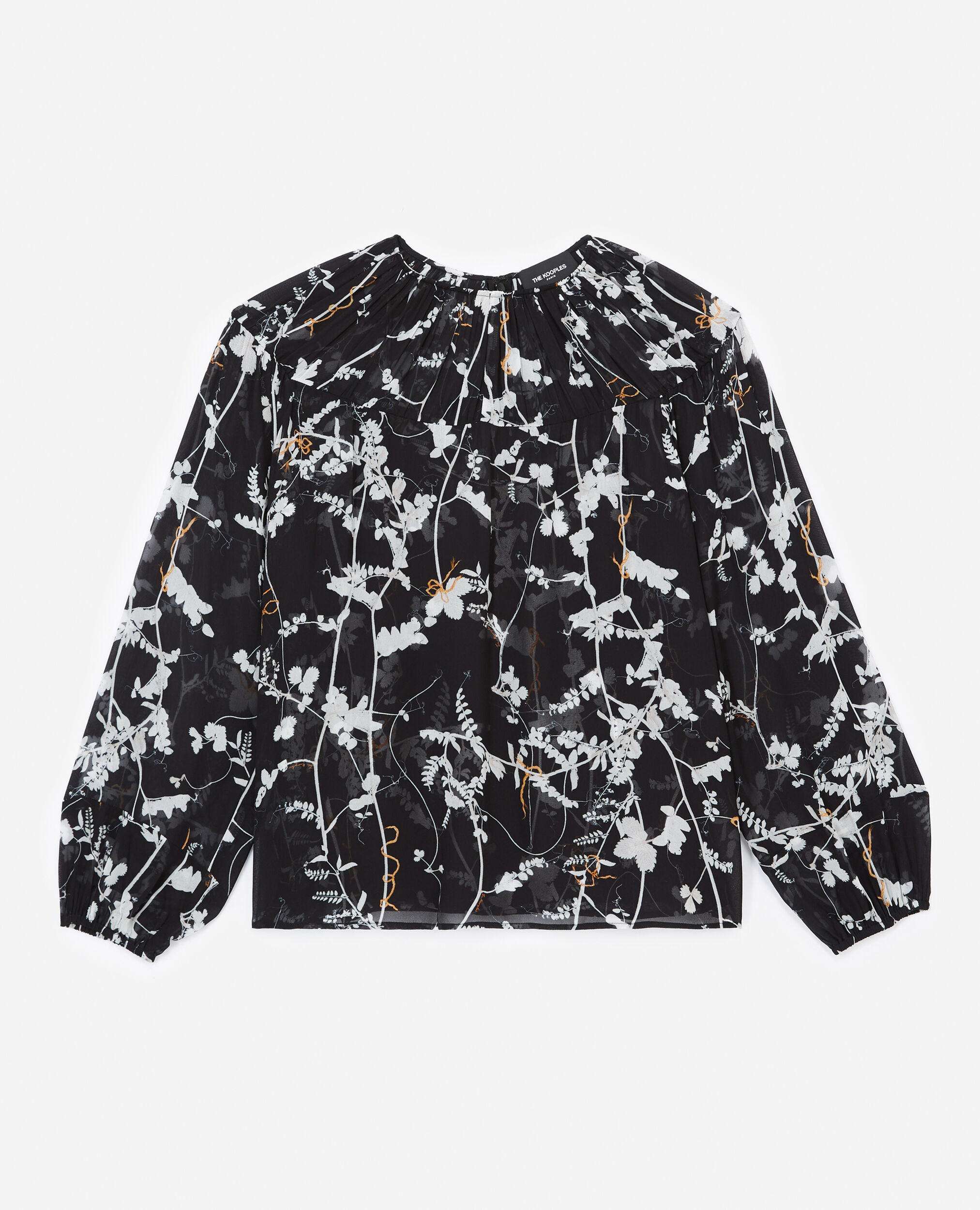 Flowing black top with gathers - floral print, BLACK, hi-res image number null