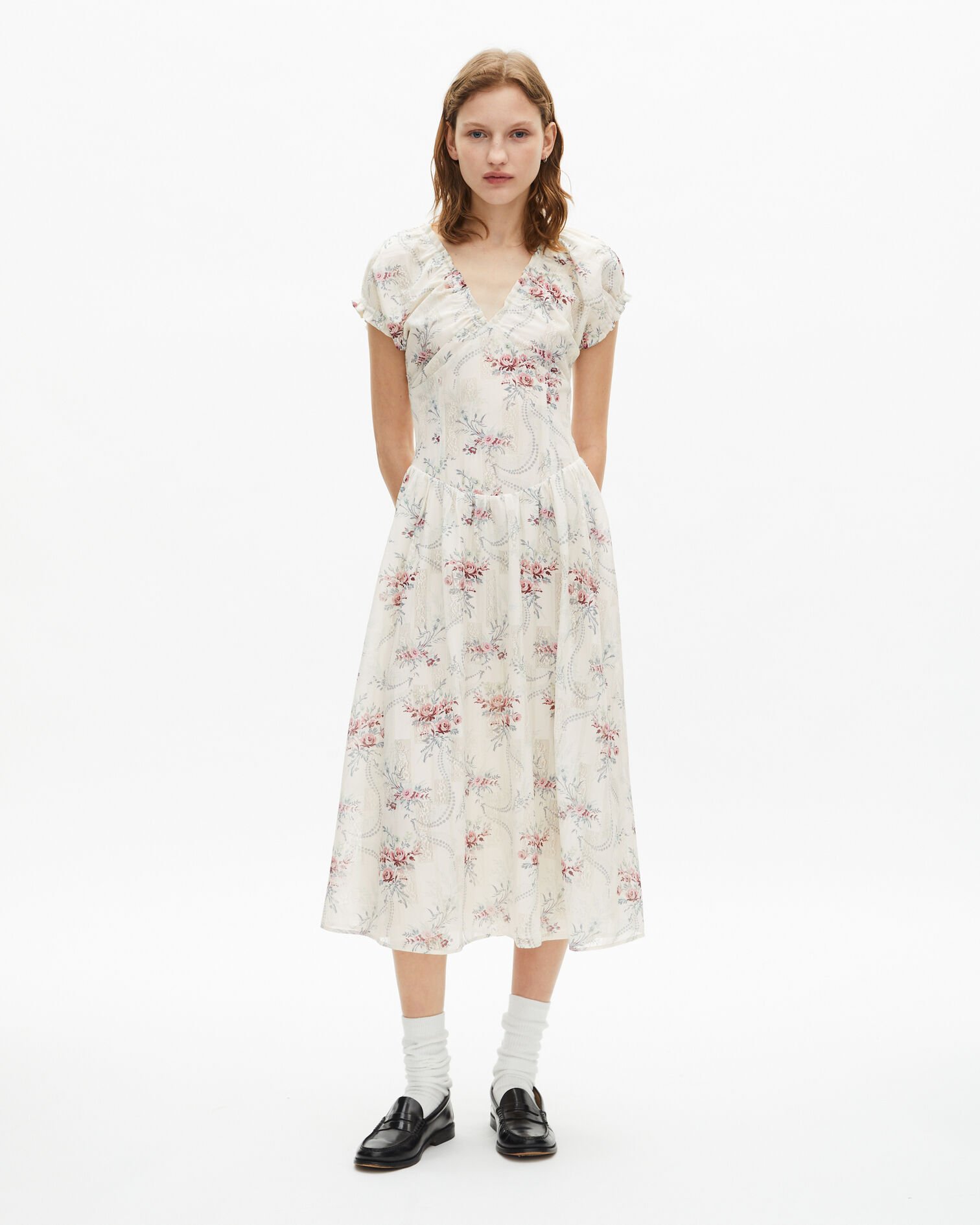 Long white floral print dress, OFF WHITE / PINK, hi-res image number null