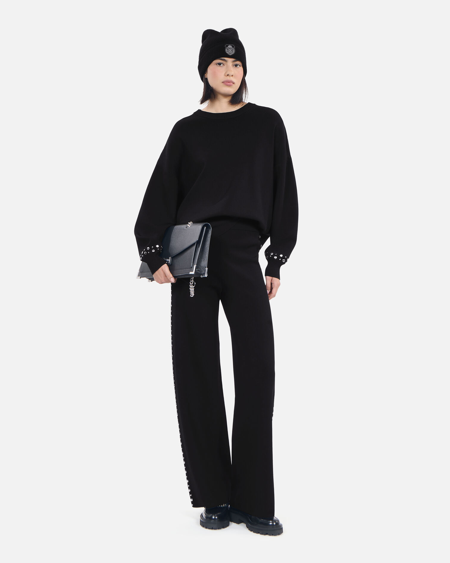 Pantalon en maille noir, BLACK, hi-res image number null
