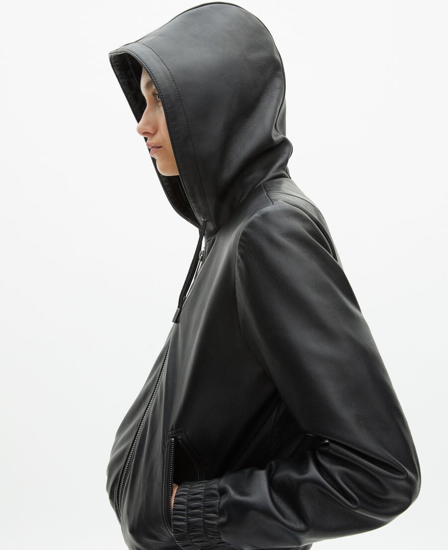 The Kooples WOMEN BLACK black leather hooded jacket