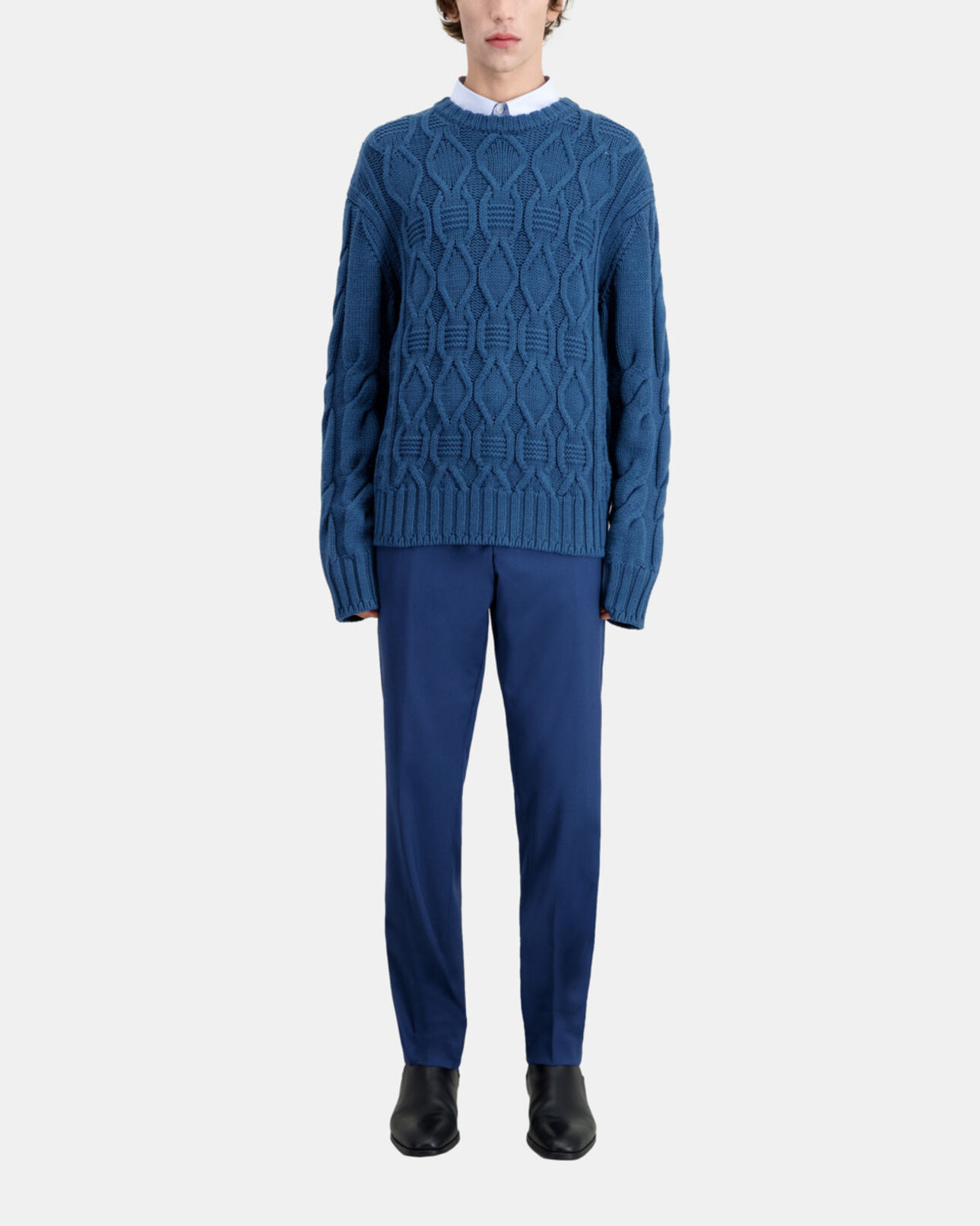 The Kooples HOMME BLUE PETROL pull bleu en laine torsadée