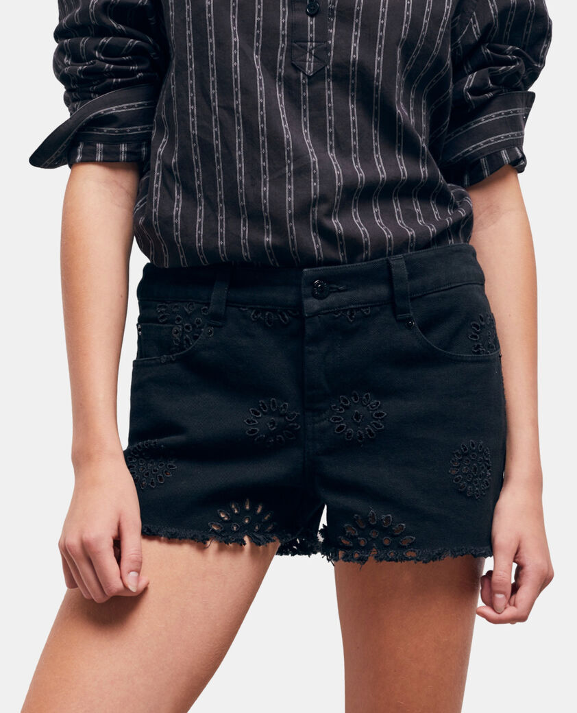 The Kooples WOMEN BLACK black denim shorts with broderie anglaise
