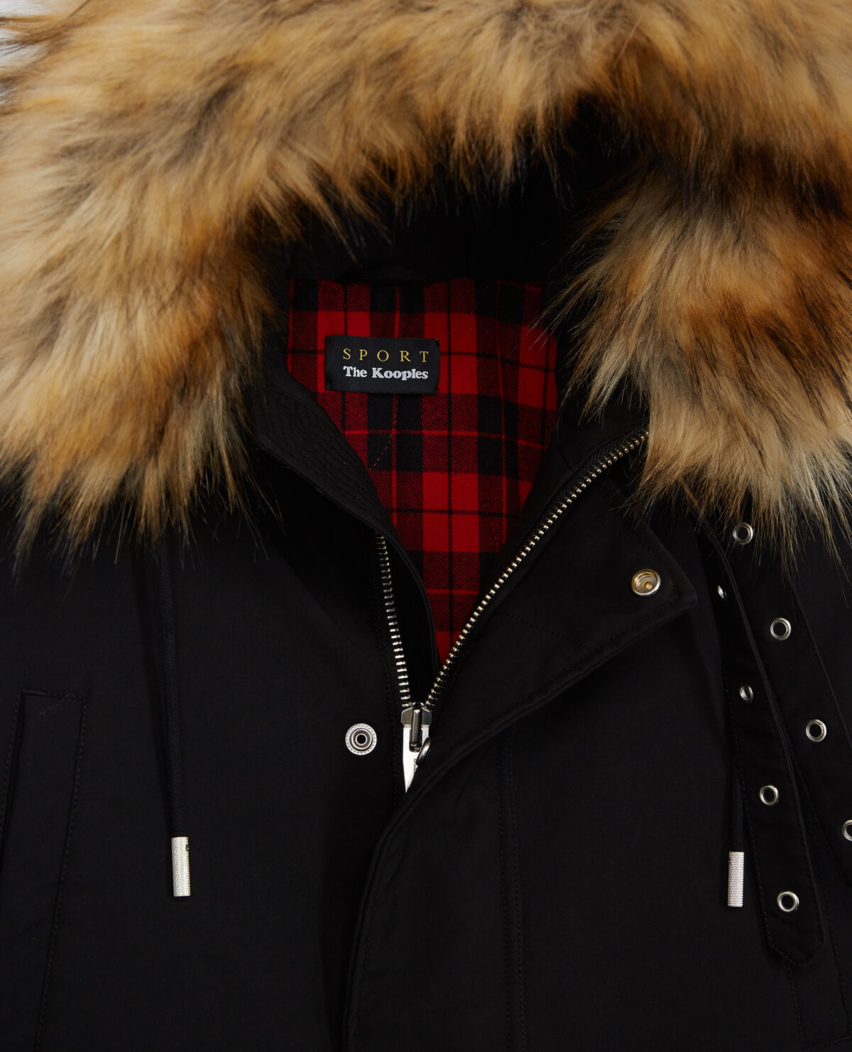 Black cotton parka with faux fur collar