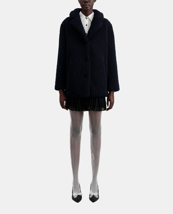 short navy blue faux fur coat